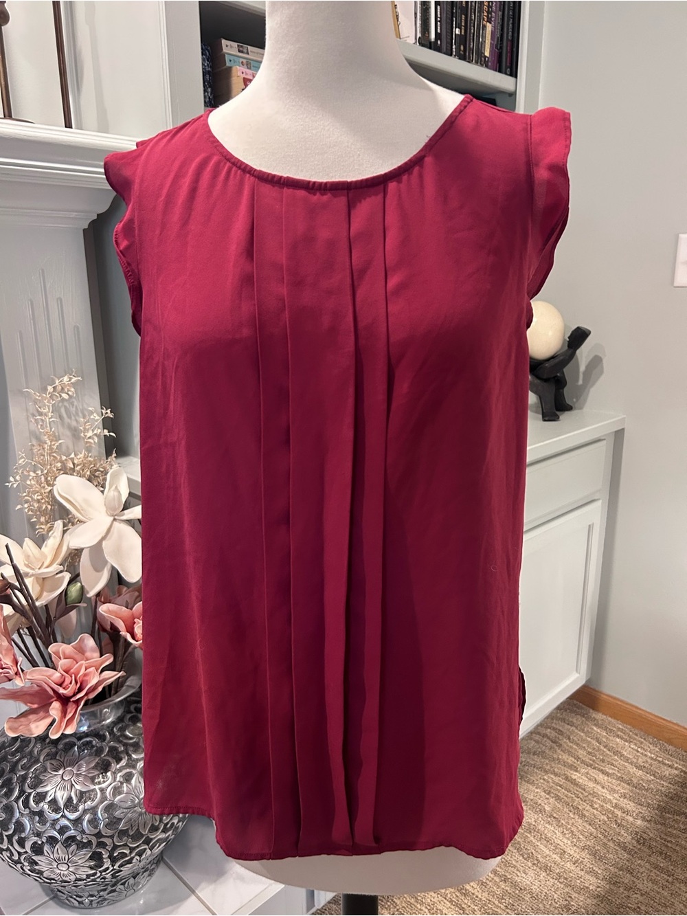 LOFT Sleeveless Pleated Blouse in Deep Berry